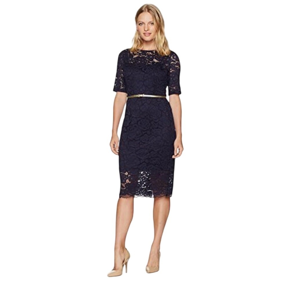 Ellen Tracy Womens 3/4 Sleeved All Over Lace Dress Black Sheath Cocktail NO BELT
